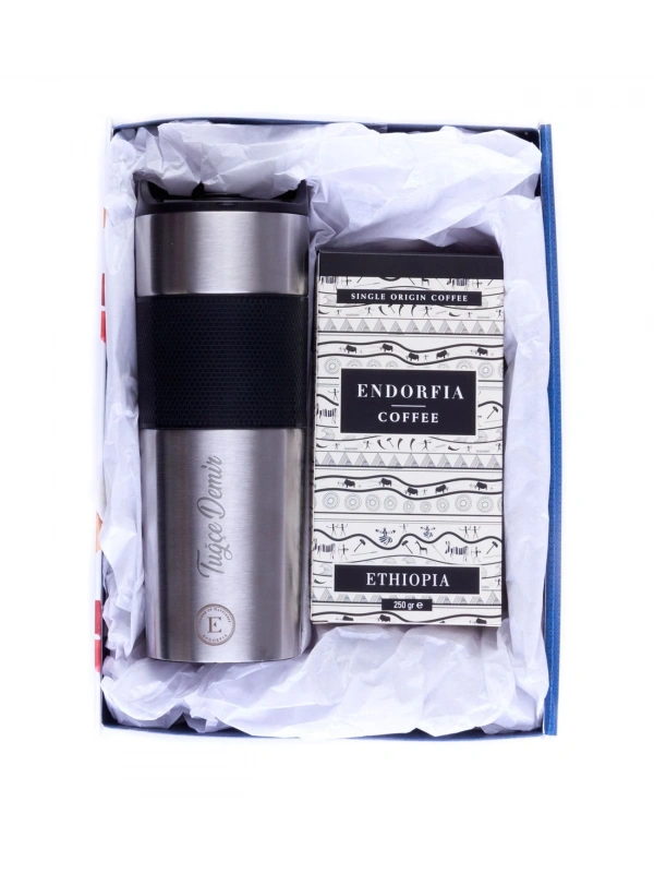 Kişiye Özel Hediyelik French Press Termos Gümüş & Etiyopya Sidamo Gr.4 Kahve Seti