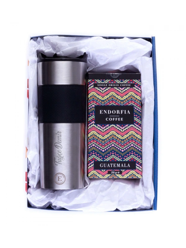 Kişiye Özel Hediyelik French Press Termos Gümüş & Guatemala Kahve Seti