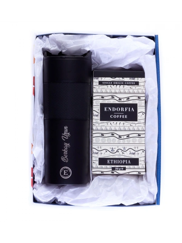Kişiye Özel Hediyelik French Press Termos Siyah & Etiyopya Sidamo Gr.4 Kahve Seti