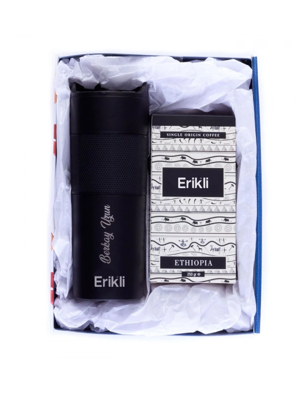 Kişiye Özel Hediyelik French Press Termos Siyah & Etiyopya Sidamo Gr.4 Kahve Seti - Kıdem Hediyeleri
