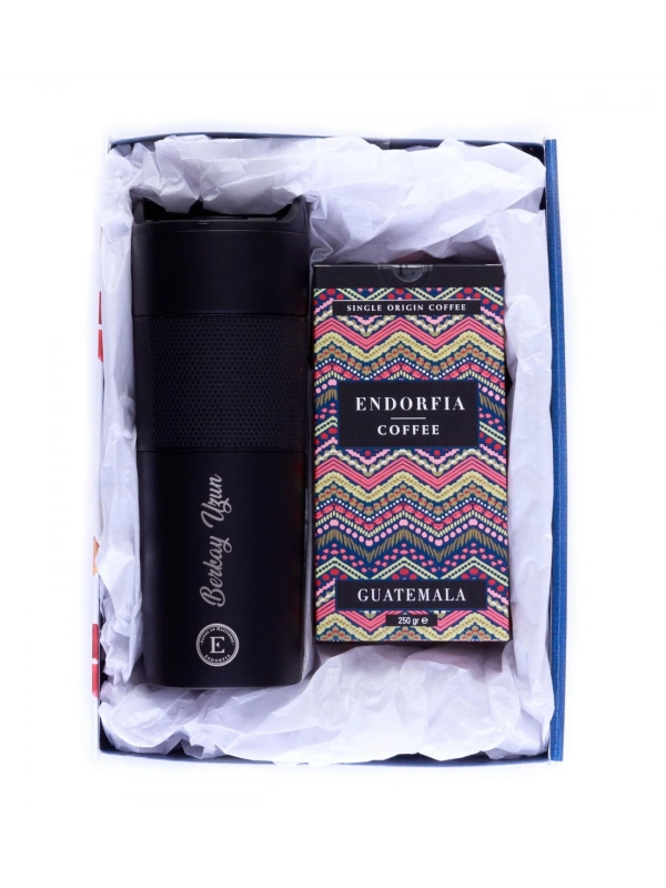Kişiye Özel Hediyelik French Press Termos Siyah & Guatemala Kahve Seti