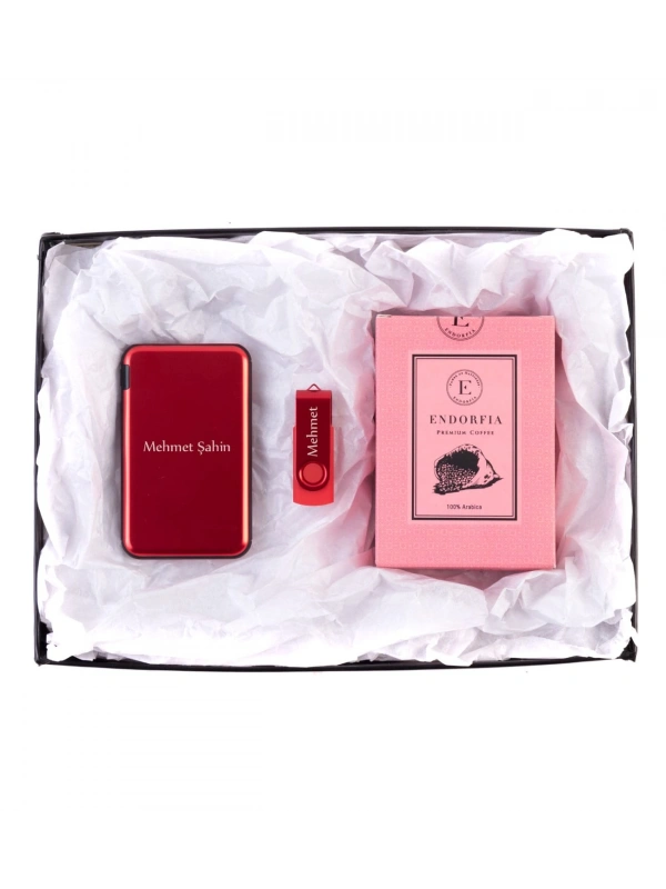 Kişiye Özel Powerbank Kırmızı - 32 GB USB Bellek Kırmızı - Premium Kahve