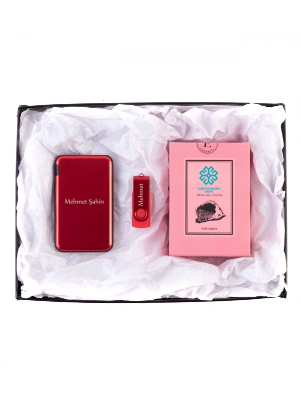 Kişiye Özel Powerbank Kırmızı - 32 GB USB Bellek Kırmızı Premium Kahve - Hoşgeldin Hediyesi
