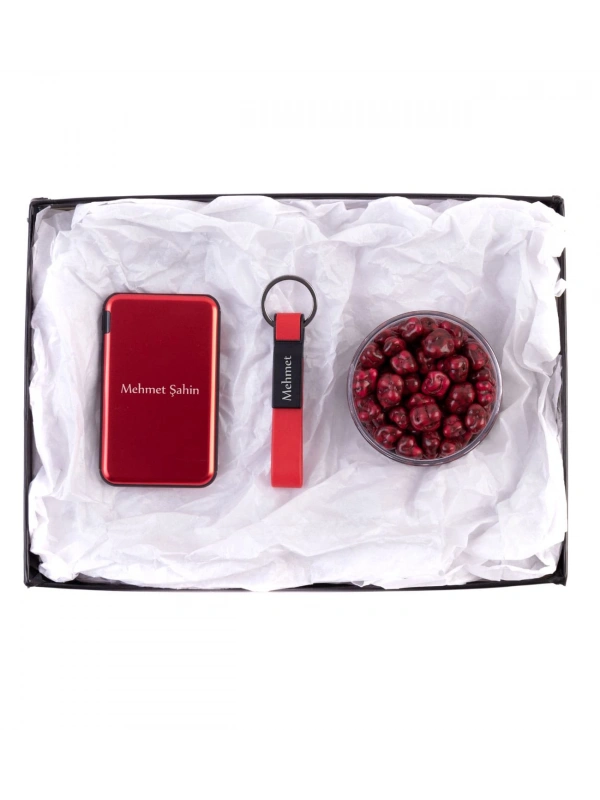 Kişiye Özel Powerbank - Metal Anahtarlık - Dragee - Kırmızı