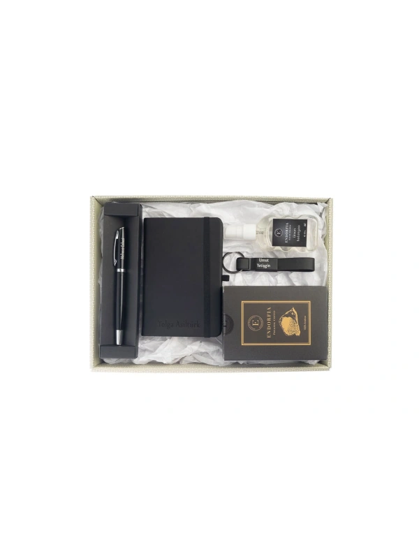 Kişiye Özel Termoderi  Defter-Metal Roller Kalem-Sprey Kolonya Siyah Anahtarlık Siyah-Filtre Kahve Siyah