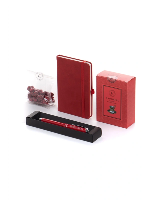 Kişiye Özel Termoderi  Defter Metal Roller Kalem-Türk kahvesi Kırmızı-Böğürtlen Draje