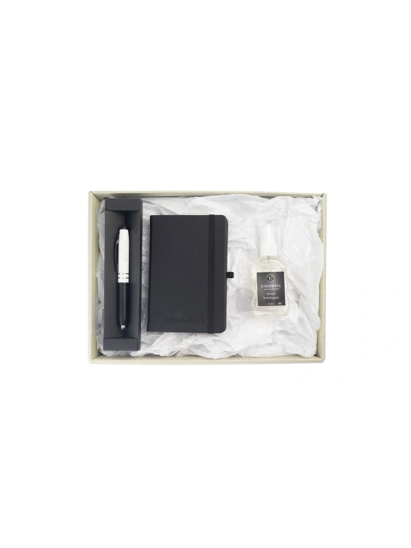 Kişiye Özel Termoderi  Defter Siyah&Beyaz Işıklı Doktor Kalemi&Sprey Kolonya Siyah  50 Ml