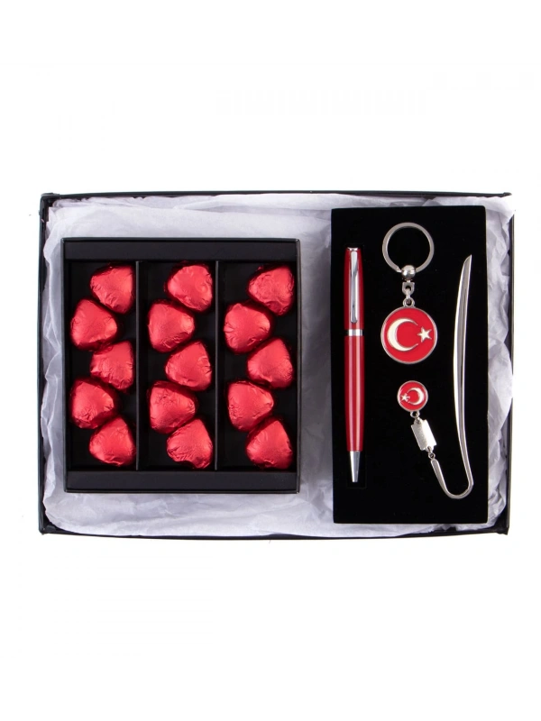 Single Modern Fıstıklı Kalp Çikolata Kırmızı- Pembe - Ayyıldız Kalem Seti Masaüstü Hediyesi