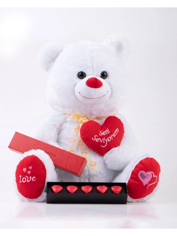 Single Slim Beyaz Kalpli Ayıcık & Fıstıklı Kalp Çikolata