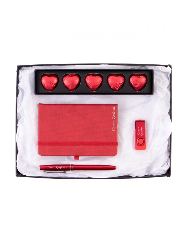 Termoderi Defter- Metal Roller Kalem - 32 Gb Metal Renkli Usb Bellek - Single Slim Fıstıklı Kalp Çikolata