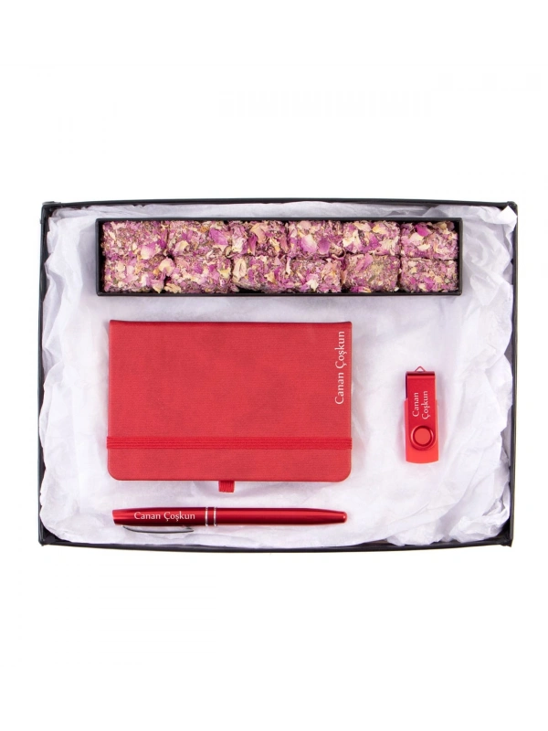 Termoderi Defter- Metal Roller Kalem - 32 Gb Metal Renkli Usb Bellek - Single Slim Gül Yapraklı Güllü Lokum  - Yeni İş Hediyeleri