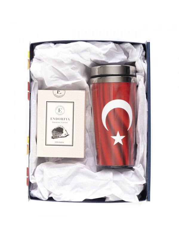 Türk Bayrağı Tasarımlı Termos Endorfia Kahveli Hediye Kutusu