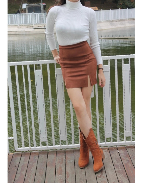 Çift Yırtmaçlı Süet Etek