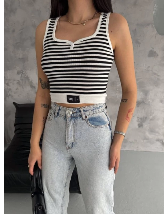 Çizgili Düğmeli Atlet Body