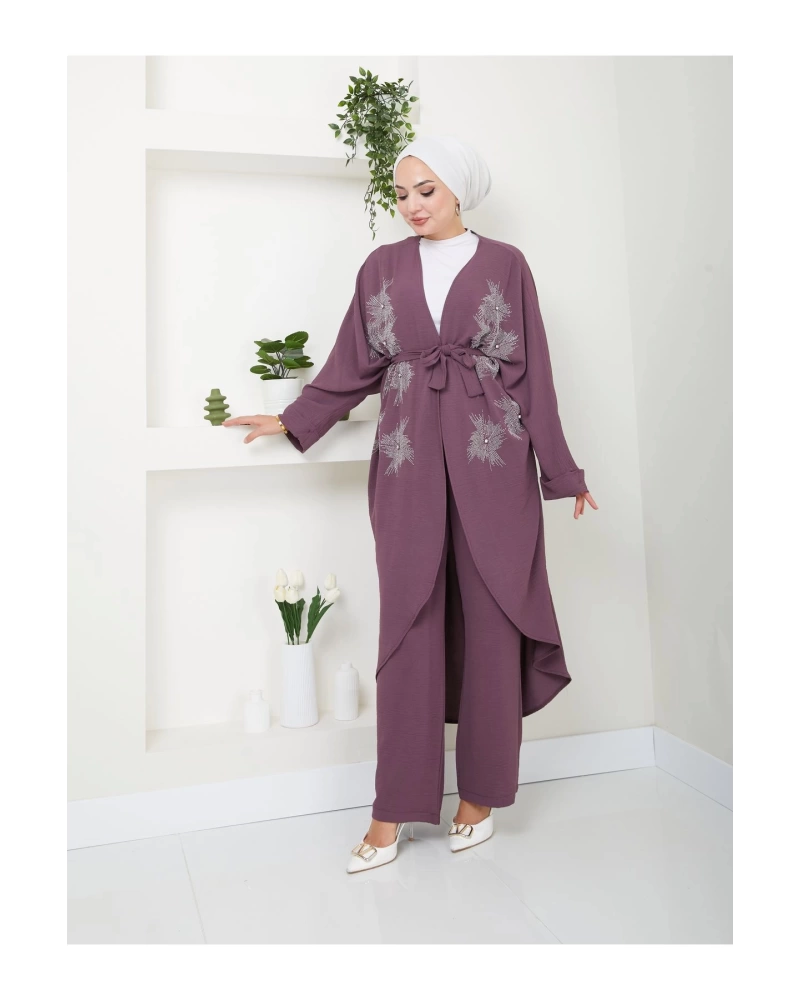 TAŞLİ KİMONO AYROBİN TESETTÜR TAKIM 634 MÜRDÜM