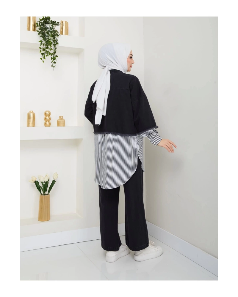 CEPLİ ÇİZGİLİ SİYAH KOT TESETTÜR TAKIM