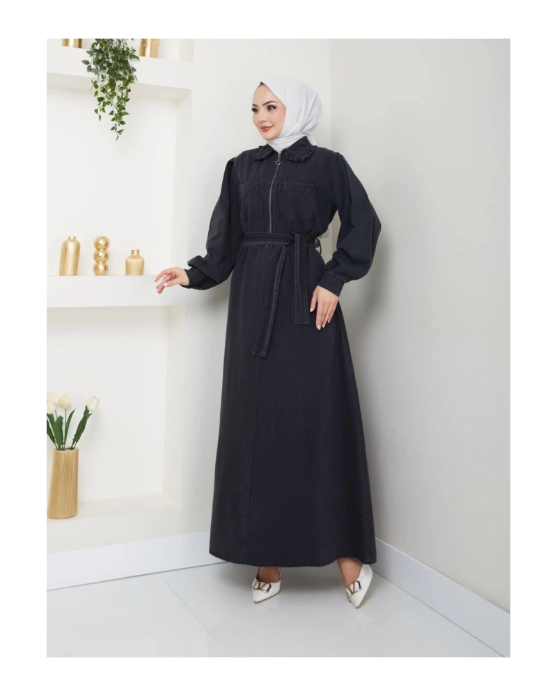 CEOLİ FERMUARLI TESETTÜR SİYAH KOT ELBİSE