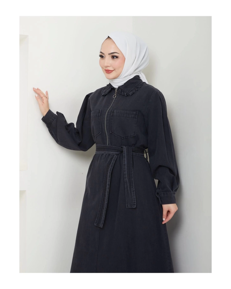 CEOLİ FERMUARLI TESETTÜR SİYAH KOT ELBİSE