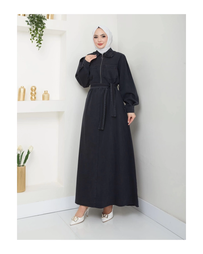 CEOLİ FERMUARLI TESETTÜR SİYAH KOT ELBİSE