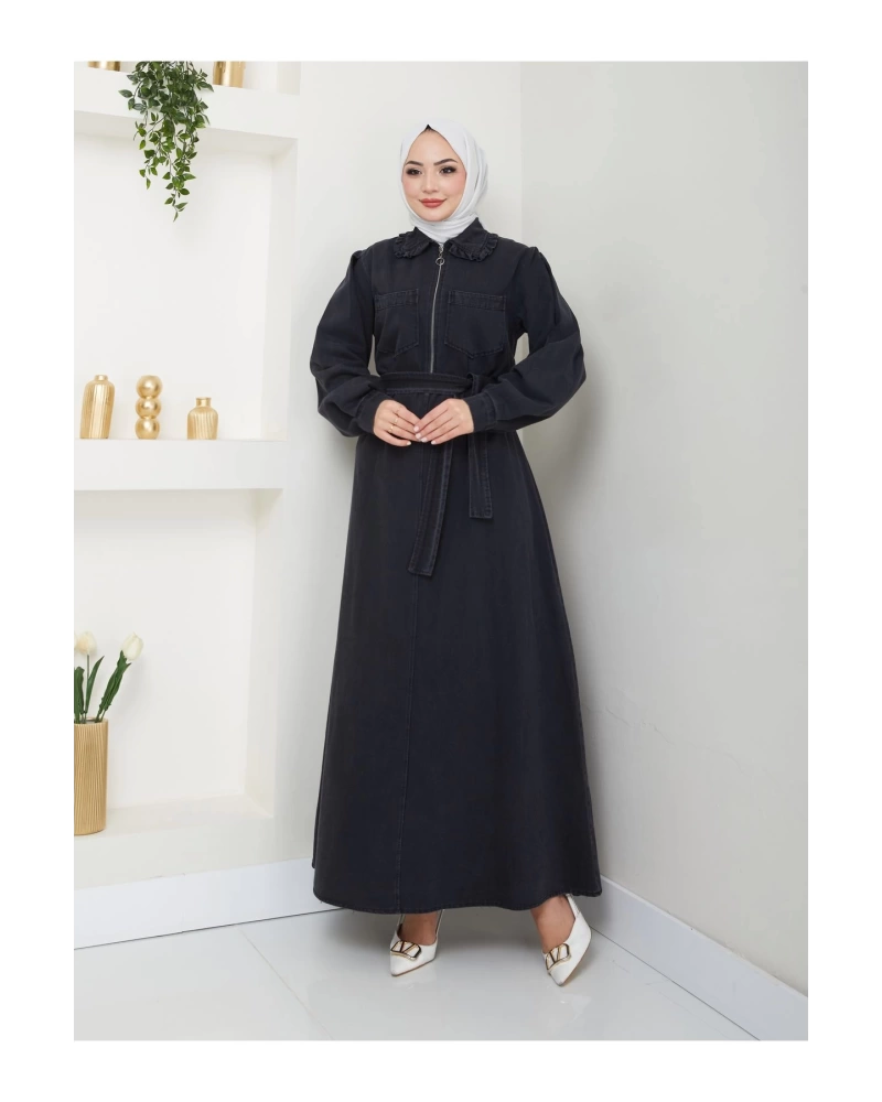 CEOLİ FERMUARLI TESETTÜR SİYAH KOT ELBİSE