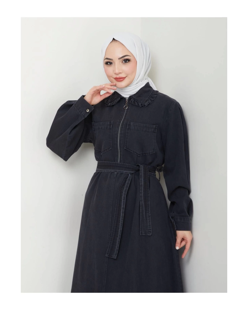 CEOLİ FERMUARLI TESETTÜR SİYAH KOT ELBİSE