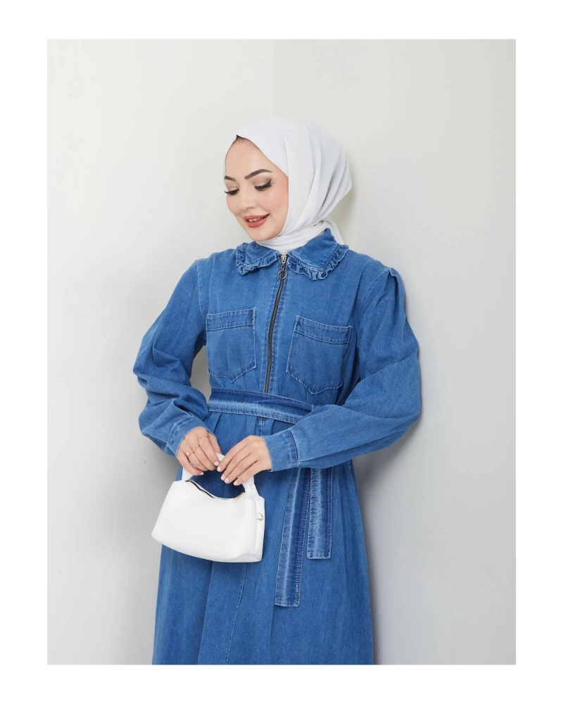 CEOLİ FERMUARLI TESETTÜR MAVİ KOT ELBİSE
