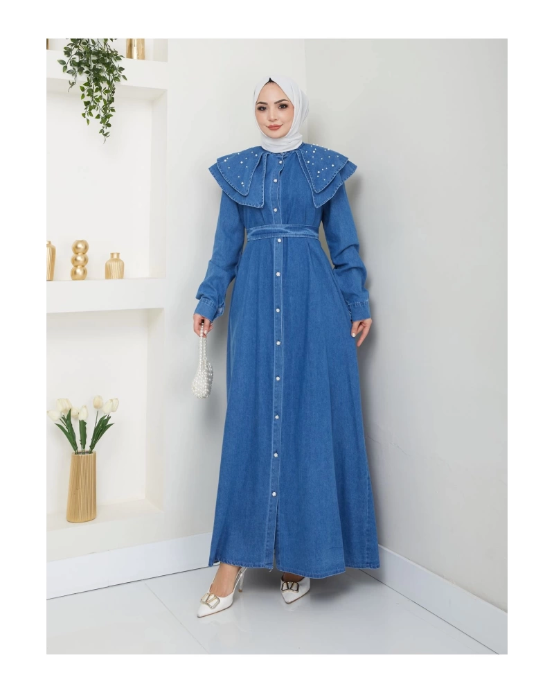 İNCİ YAKALI TESETTÜR MAVİ KOT ELBİSE