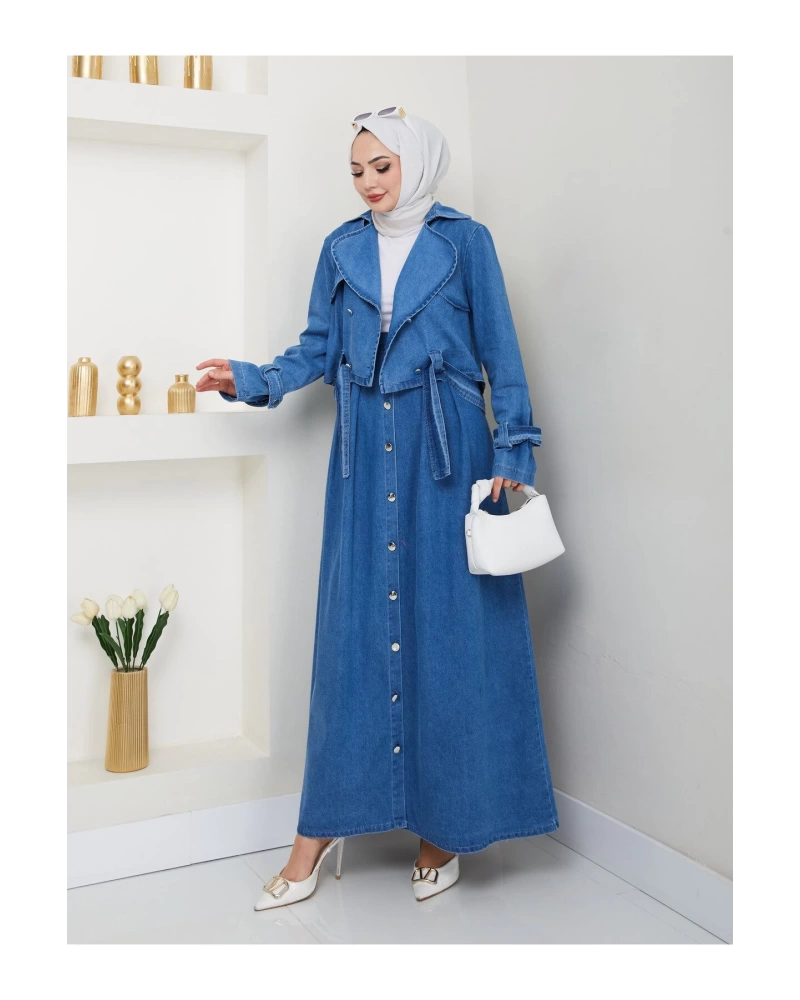 ETEKLİ CEKETLİ MAVİ KOT TESETTÜR TAKIM