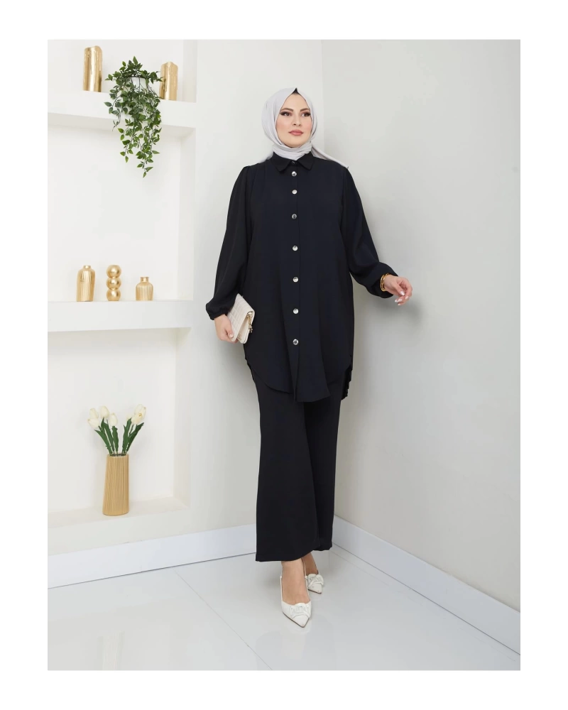 PİLİSELİ GÖMLEK TAKIM  TESETTÜR TAKIM SİYAH