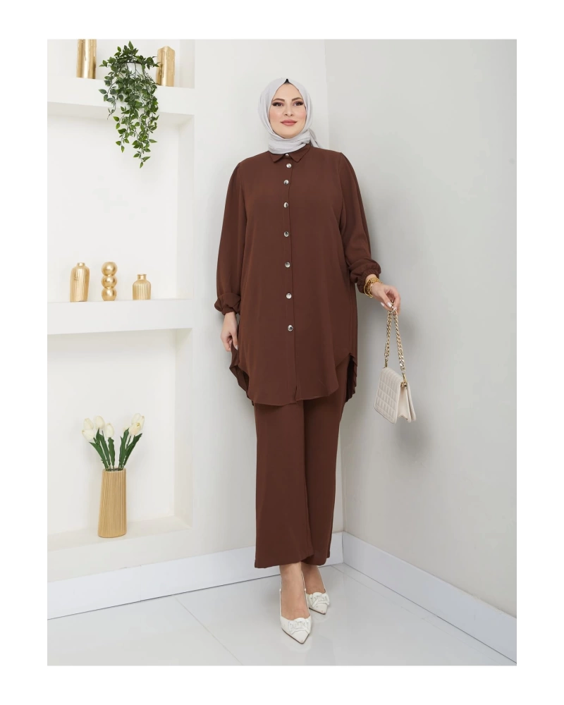 PİLİSELİ GÖMLEK TAKIM  TESETTÜR TAKIM KAHVE