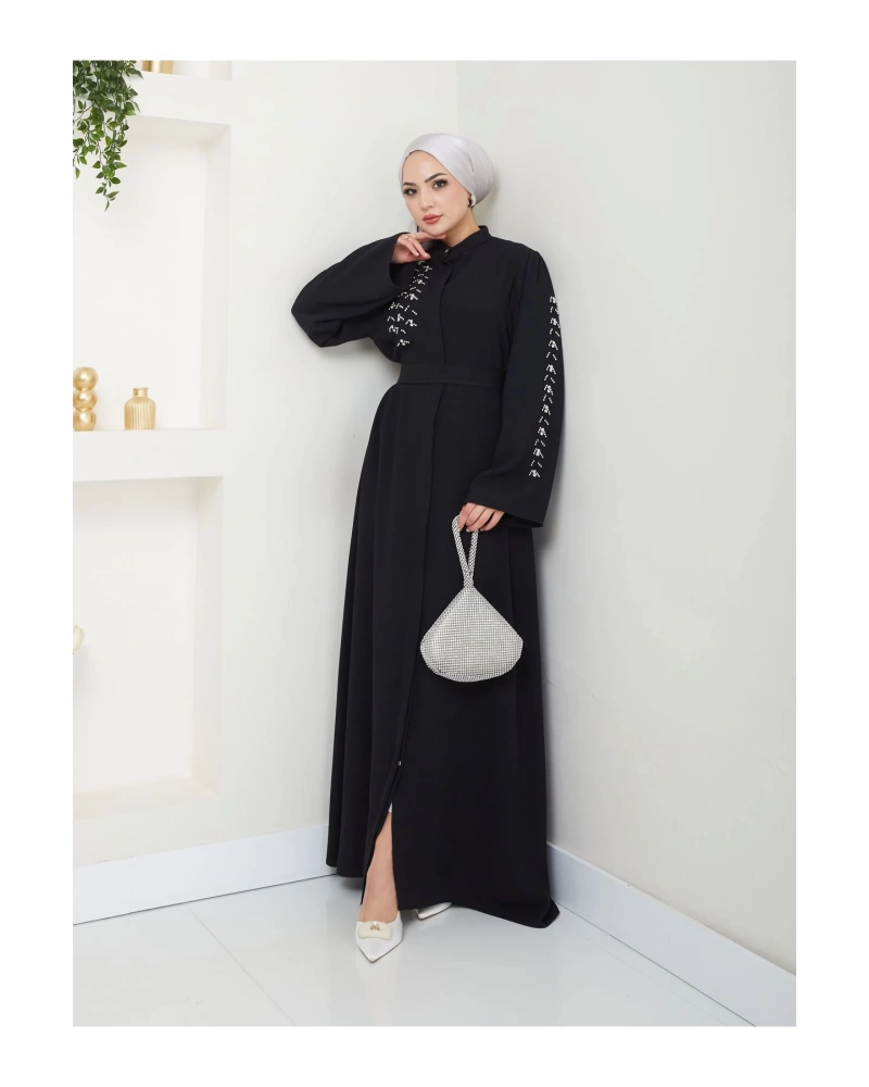 TAŞLİ ABAYA TESETTÜR GIYIM KADIN FERACE ELBISE SİYAH