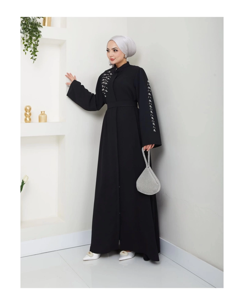 TAŞLİ ABAYA TESETTÜR GIYIM KADIN FERACE ELBISE SİYAH
