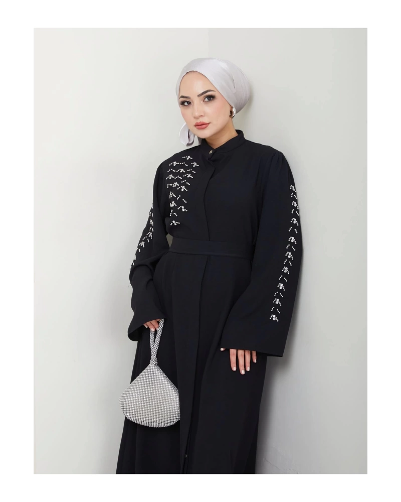 TAŞLİ ABAYA TESETTÜR GIYIM KADIN FERACE ELBISE SİYAH