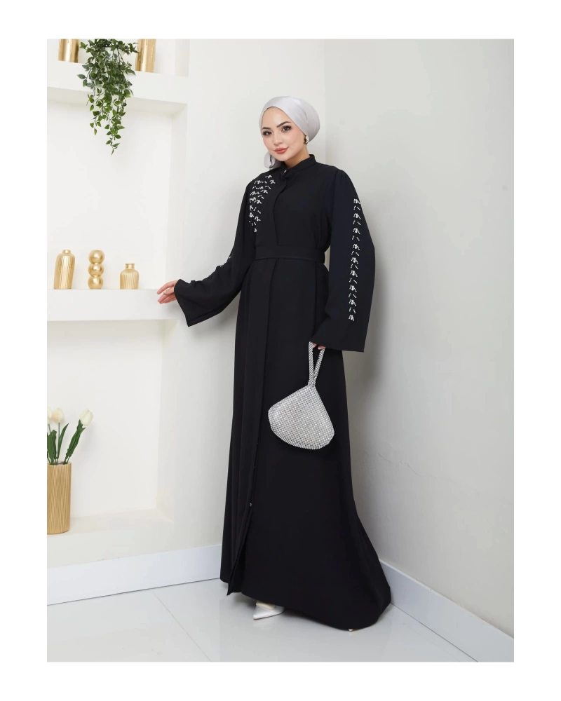 TAŞLİ ABAYA TESETTÜR GIYIM KADIN FERACE ELBISE SİYAH