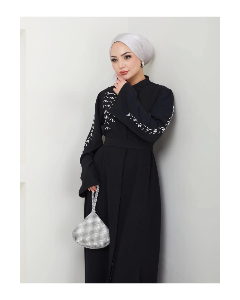 TAŞLİ ABAYA TESETTÜR GIYIM KADIN FERACE ELBISE SİYAH