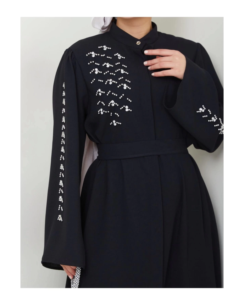 TAŞLİ ABAYA TESETTÜR GIYIM KADIN FERACE ELBISE SİYAH