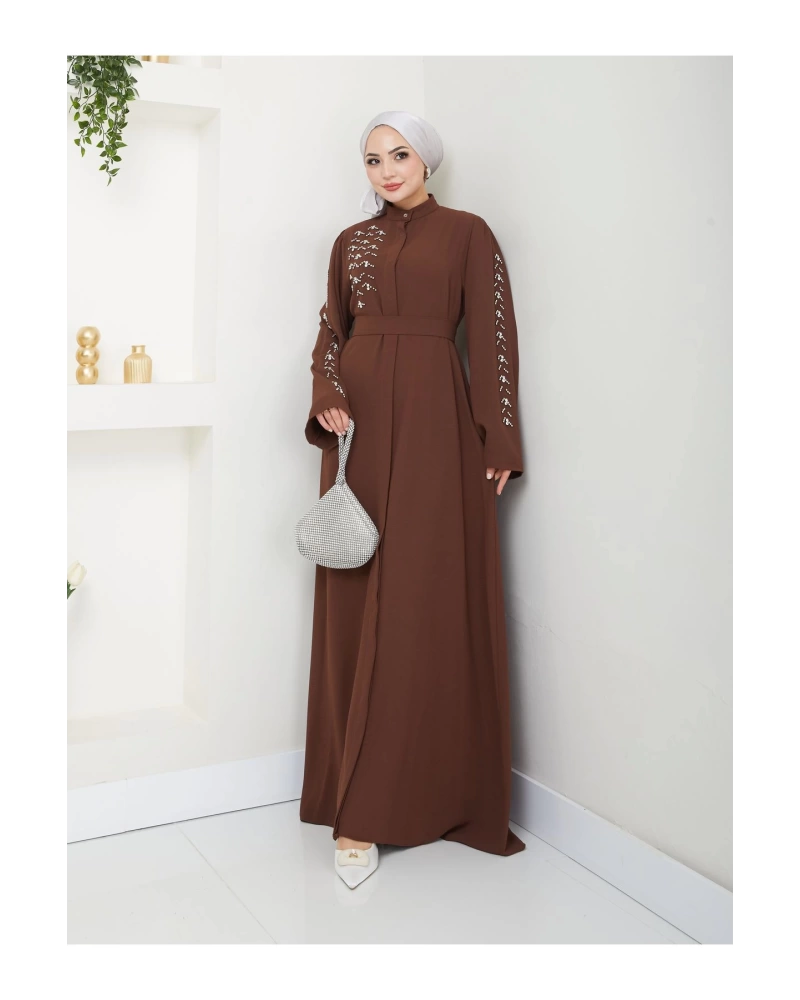 TAŞLİ ABAYA TESETTÜR GIYIM KADIN FERACE ELBISE KAHVE
