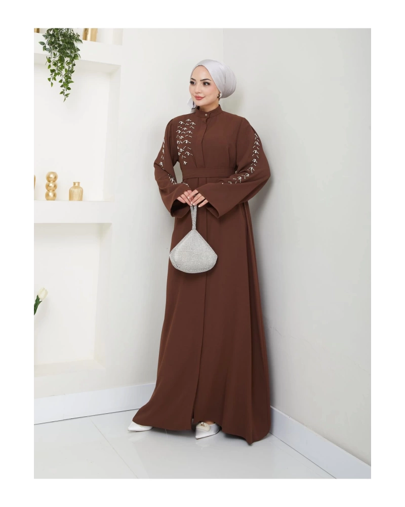 TAŞLİ ABAYA TESETTÜR GIYIM KADIN FERACE ELBISE KAHVE