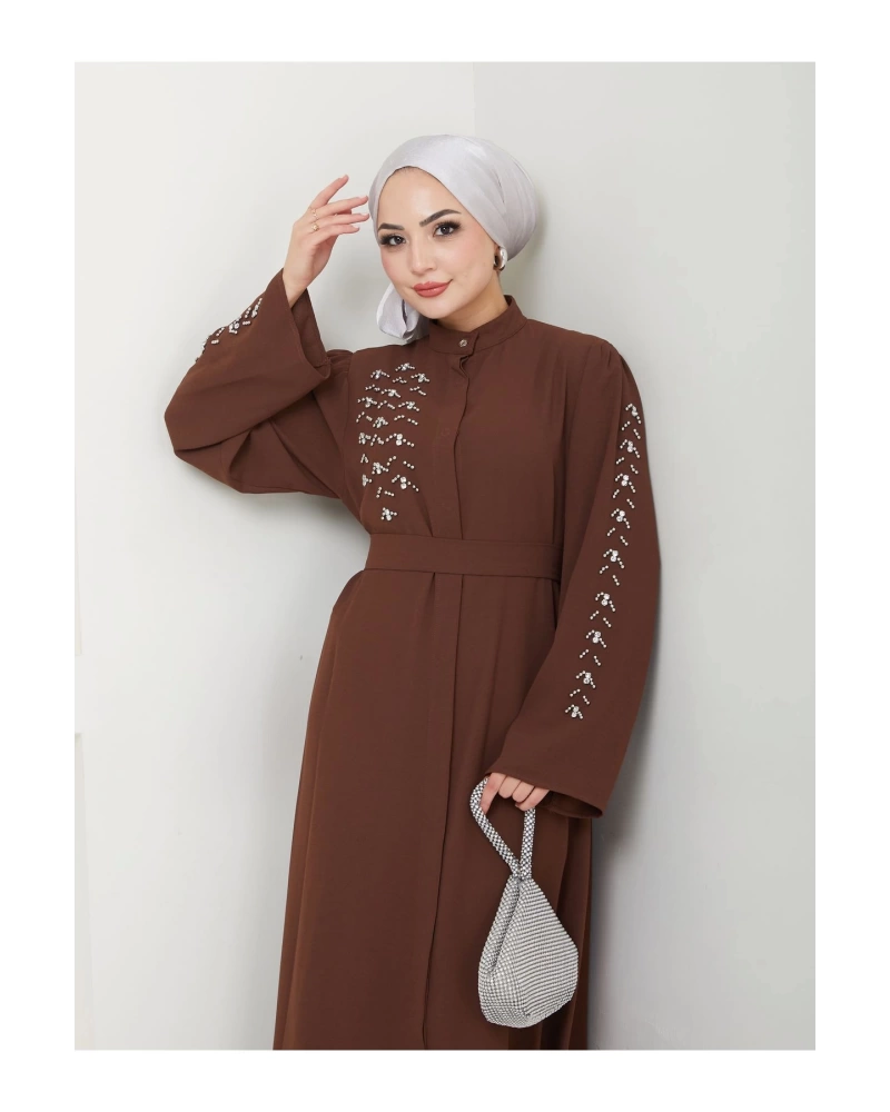 TAŞLİ ABAYA TESETTÜR GIYIM KADIN FERACE ELBISE KAHVE