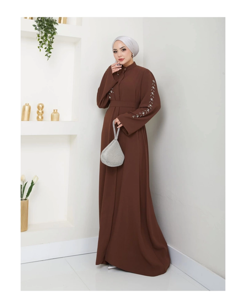 TAŞLİ ABAYA TESETTÜR GIYIM KADIN FERACE ELBISE KAHVE