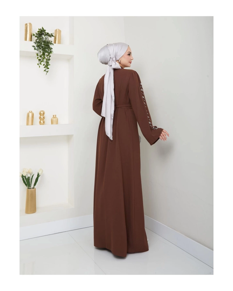 TAŞLİ ABAYA TESETTÜR GIYIM KADIN FERACE ELBISE KAHVE