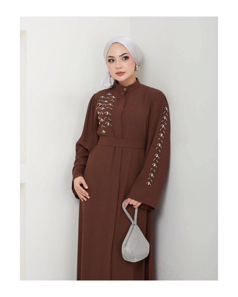 TAŞLİ ABAYA TESETTÜR GIYIM KADIN FERACE ELBISE KAHVE