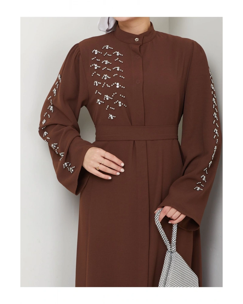 TAŞLİ ABAYA TESETTÜR GIYIM KADIN FERACE ELBISE KAHVE