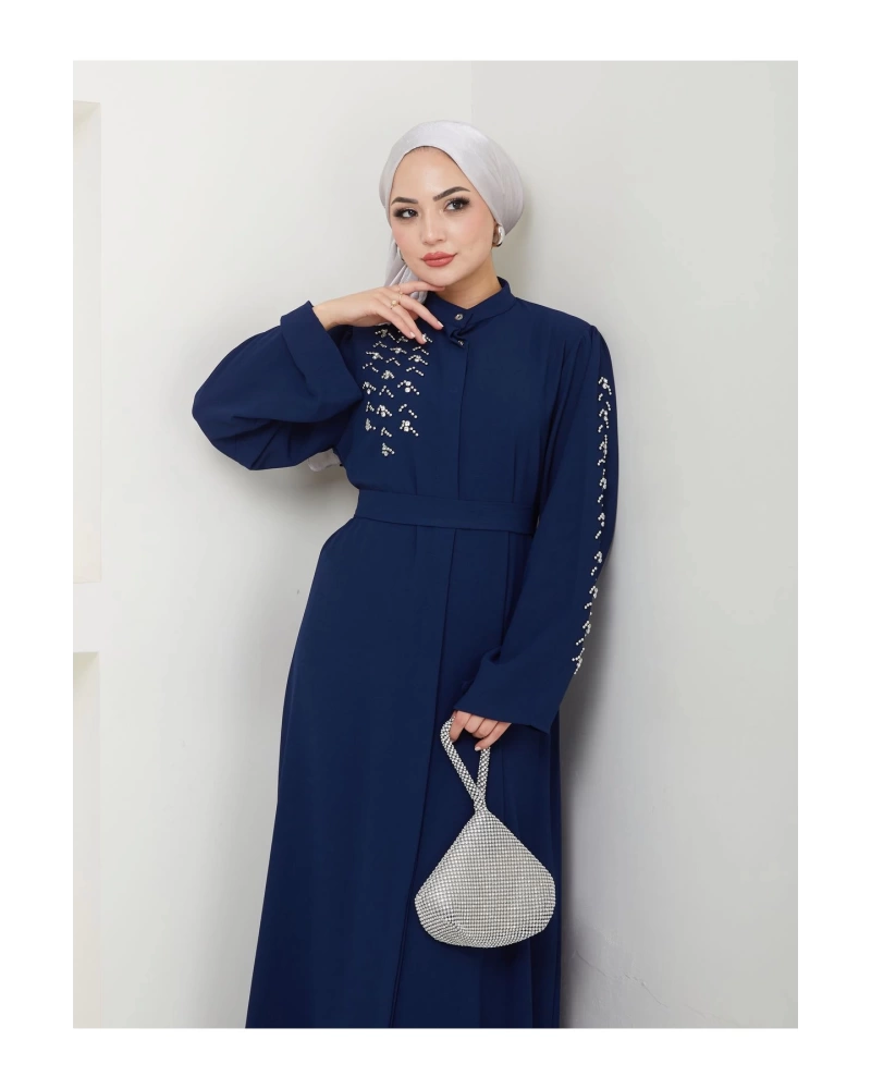 TAŞLİ ABAYA TESETTÜR GIYIM KADIN FERACE ELBISE LACIVERT