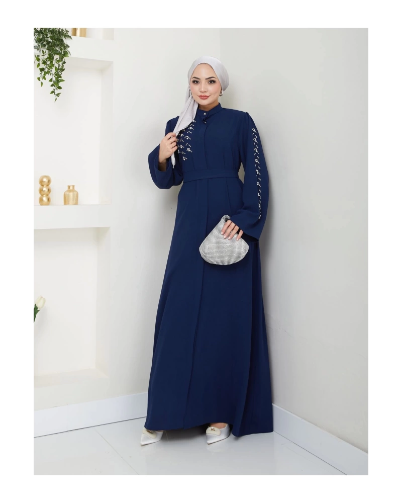 TAŞLİ ABAYA TESETTÜR GIYIM KADIN FERACE ELBISE LACIVERT