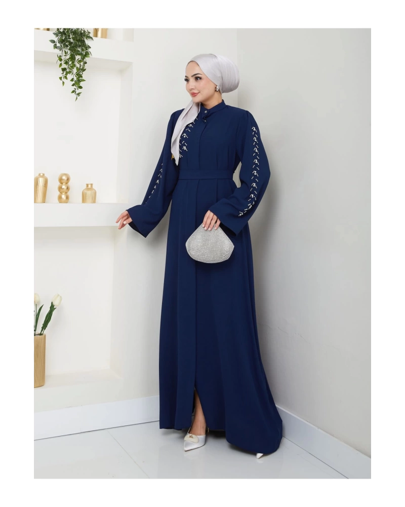 TAŞLİ ABAYA TESETTÜR GIYIM KADIN FERACE ELBISE LACIVERT