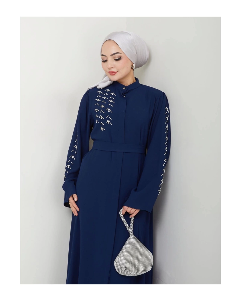 TAŞLİ ABAYA TESETTÜR GIYIM KADIN FERACE ELBISE LACIVERT