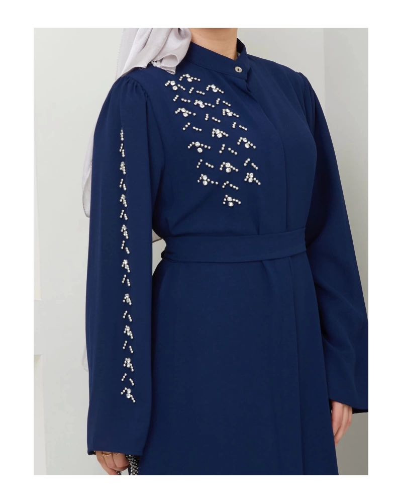 TAŞLİ ABAYA TESETTÜR GIYIM KADIN FERACE ELBISE LACIVERT