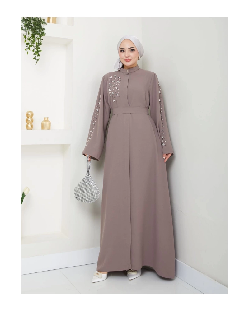 TAŞLİ ABAYA TESETTÜR GIYIM KADIN FERACE ELBISE VİZON
