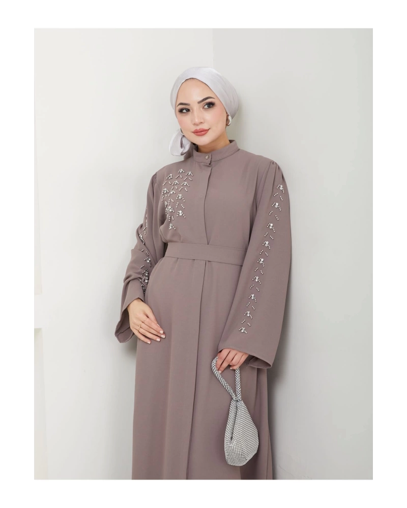 TAŞLİ ABAYA TESETTÜR GIYIM KADIN FERACE ELBISE VİZON